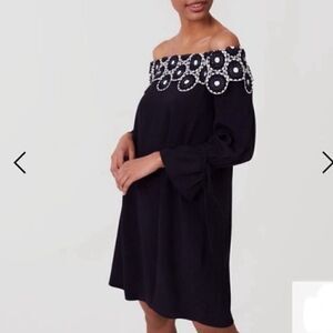 Loft Off Shoulder Shift Dress Navy Lace Ties at Sleeves